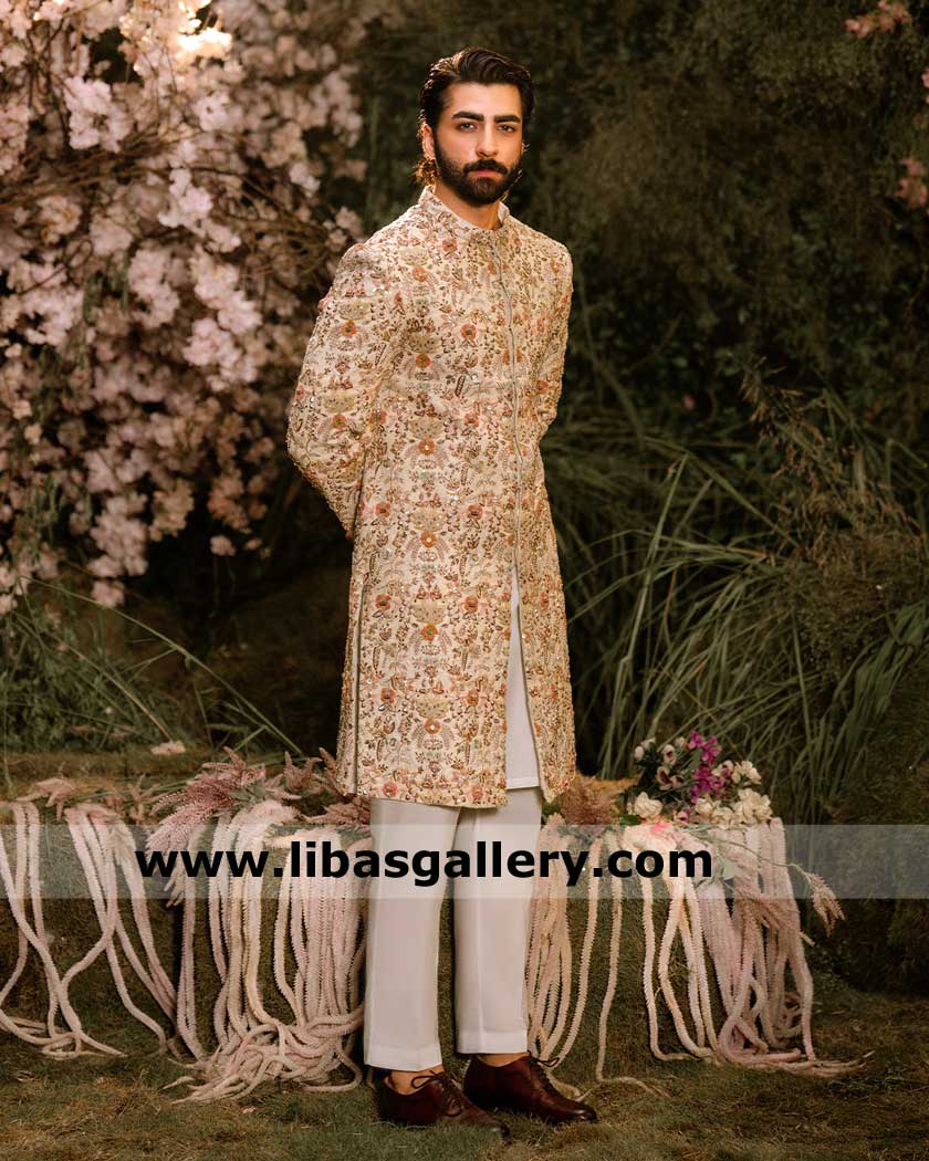 Groom Ivory wedding sherwani style for Nikah, Heavy hand embellishment on Pakistani Sherwani with Kurta Pajama UK USA Canada Dubai Australia